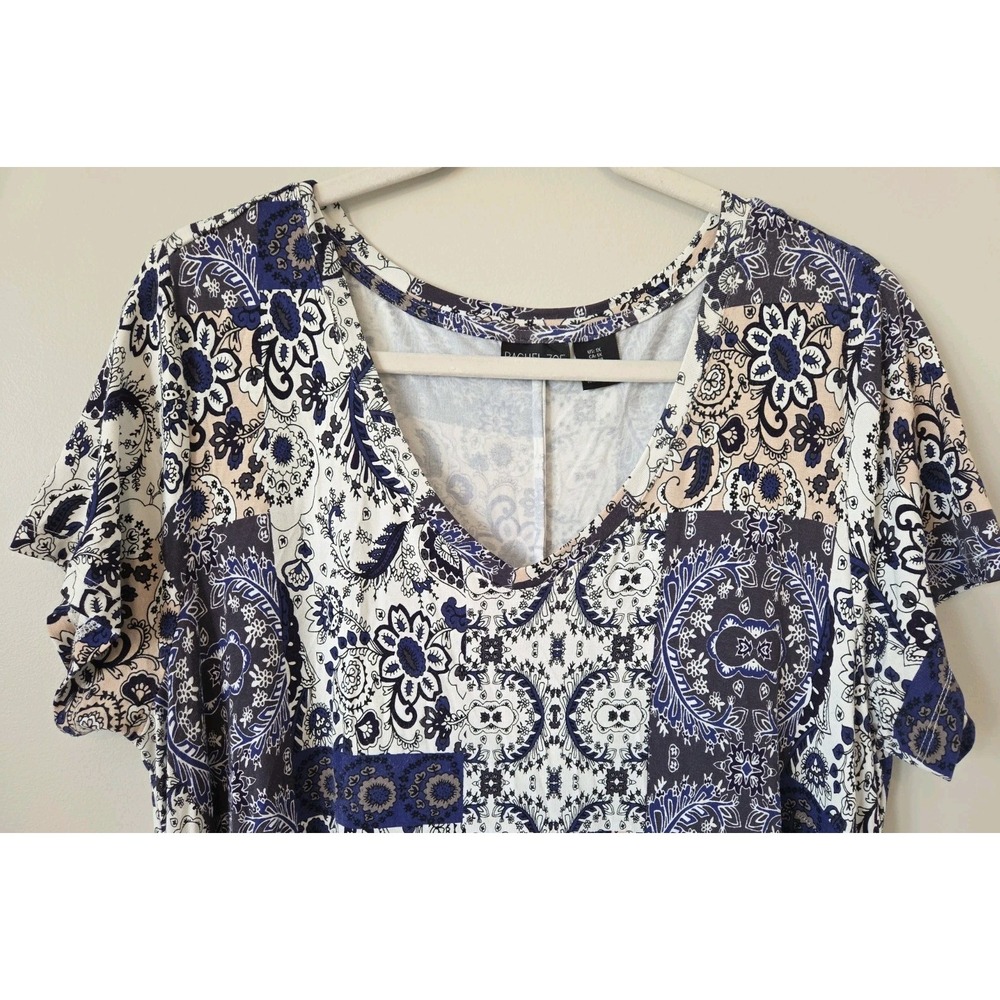 Rachel Zoe Blue Patchwork Dress Flowy Stretch A Line Boho V Neck Womens Size 1X - Picture 7 of 8